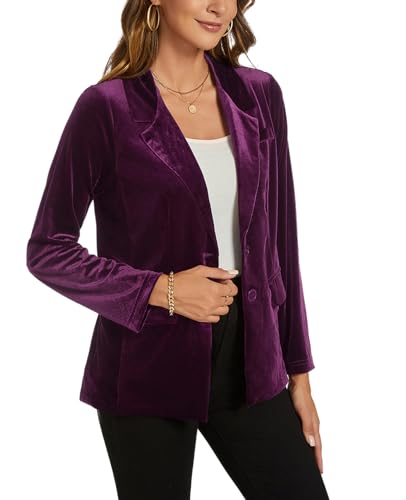 MINTLIMIT Womens Velvet Jacket Casual Work Office Long Sleeve Lapel Collar Button Blazer Jackets with Pockets Outerwear, Purple3