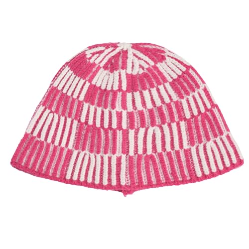 Women's Winter Bucket Hat Fashion Knit Cloche Hat Block Color Warm Crochet Cap Warm Ear Protection Winter Hats Pink