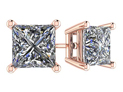 Sterling Silver & Gold Earrings Princess Cut Swarovski CZ Hypoallergenic -Rose Gold Plated 6mm-3.0cttw