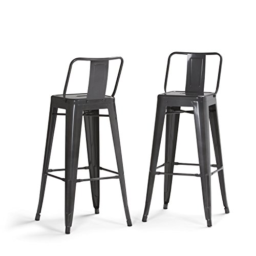 SIMPLIHOME Rayne Bar Stools (Set of 2) - 30 inch Seat Height Industrial Metal Chairs in Grey, Contemporary Seating for Kitchen or Bar with Curved Back, Under-Seat Cross Brace, and Footrest