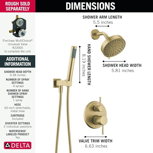 Image of Delta Modern Round Shower System Faucet Set, Brushed Gold 6-inch Shower Head and Handle Set, Valve Trim Kit, Champagne Bronze T342704-CZ (Valve Not Included)