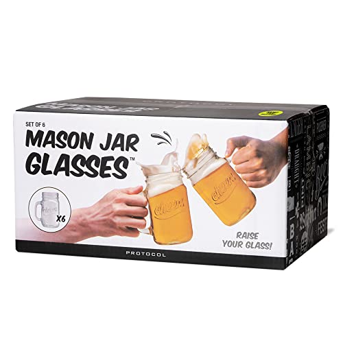 Protocol Mason Jar Glasses With Handles | Set Of 6 | 16 Oz | Includes Lids I Dishwasher Safe Drinking Glasses | Perfect For Wedding Showers, Backyard Bbqs | Great Stocking Stuffer, Party Favor #TOP4
