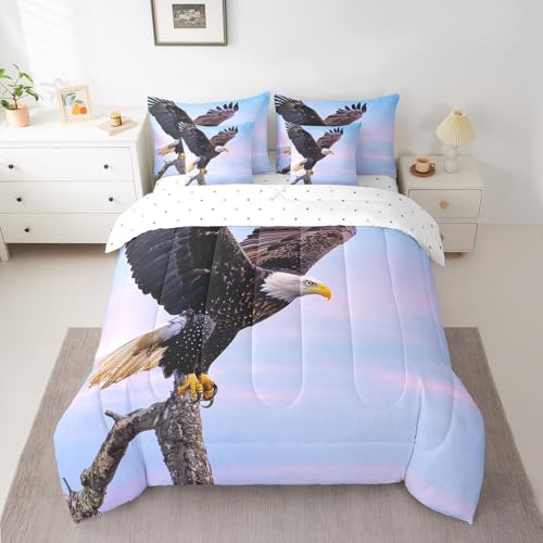 Manfei 7 Pieces Eagle Comforter Twin Size, 3D Flying Eagle Print Bed Set for Kids Boys Girls, Wild Animal Theme Bedding(1 Comforter,1 Fitted Sheet,1 Flat Sheet,2 Pillowcases,2 Throw Pillow Cover)