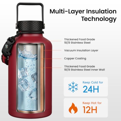 Image of Konokyo Gallon Insulated Water Bottle with Straw,128 oz 3 Lids Water Jug with Carrying Bag,Paracord Handle, Double Wall Vacuum Stainless Steel Metal Flask,Dark Red