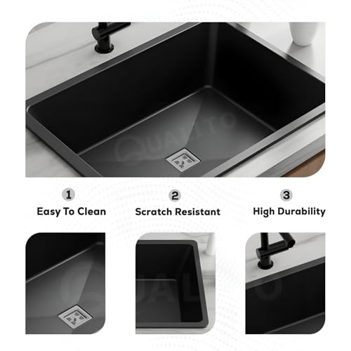 Image of QUALITO Quartz Kitchen Sink | 16x18x9 Inch, 10 mm Thickness | Single Bowl Granite Sink with Waste Coupling & Pipe | Easy to Clean, Sound & Heat Proof and Non Fading Colour (Black)
