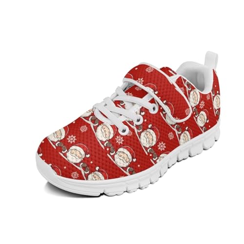 Christmas Santa Claul Pattern Girls Shoes Non Slip Lightweight Breathable Comfortable Sport Walking Athletic Running Tennis Sneakers (Little Kid)（White Sole）
