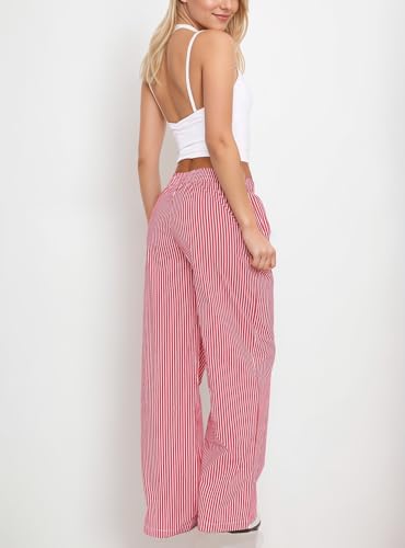 Women Elastic Waist Striped Pants Y2K Wide Leg Striped Print Trousers Low Waist Striped Lounge Pants with Pockets4