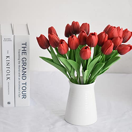 WISTART 20pcs Artificial Tulips Flowers Fake Faux PU Tulip Bouquet Real Touch Flower Arrangement for Home Room Office Party Wedding Decoration Excellent Gift Idea for Mothers Day(Currant Red)