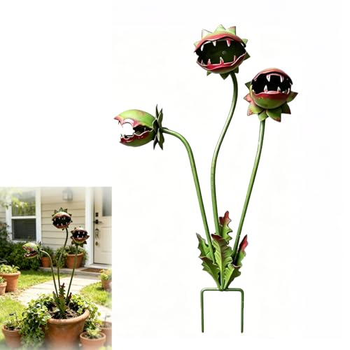 HUBAI Whimsical Metal Carnivorous Plant Garden Stake 25 Inch Large Venus Flytrap Sculpture Durable Yard Art Decor for Outdoor Patios Lawn Planters Flower Beds Unique Quirky Garden Gift