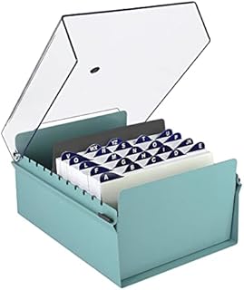 Acrimet 5'' X 8'' Card File Holder Organizer Metal Base Heavy Duty (AZ Index Cards 205mm Width x 138mm Height and Divider Included) (Green Color with Clear Crystal Plastic Lid Cover)