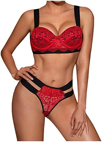AMhomely Women’s Padded Lace Push-up Bra Plus Size Front Closure Elastic Push Up Comfort Bra, Comfortable Elastic Women Bras Sexy Lace Wireless Bra Lingerie Hollow Bandage Thong Set Underwear