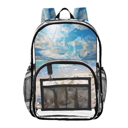 Blue Sea Ocean Beach Clear Backpack - Stadium Approved Large 15.7-inch Waterproof Transparent Bag for Sports, Concerts, Work, Travel#123