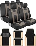 BDK Combo Sport Accent Car Seat Covers (2 Front 1 Bench) Auto Carpet Floor Mats (4 Set) with Heavy Protection Sleek Graphic Two Tone Fresh Design All Protective - Beige Accent