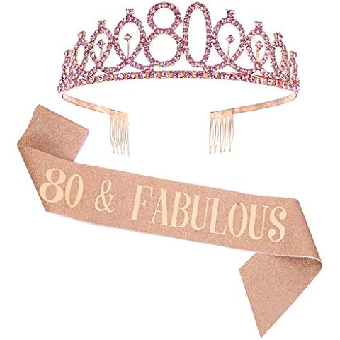 SUSSURRO "80 and Fabulous Sash and Rhinestone Tiara Set,80th Birthday Gifts Birthday Sash for Women Birthday Party Supplies( Rose Gold) Cover