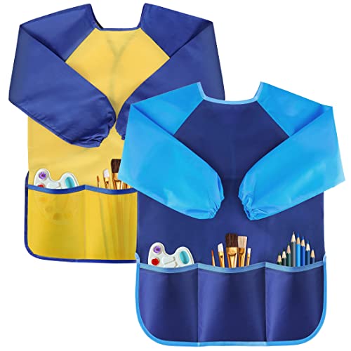 VCOSTORE 2 Pack Kids Art Smock, Toddler Painting Smock,Waterproof Long Sleeve Kids Art Apron with 3 Pockets for Children