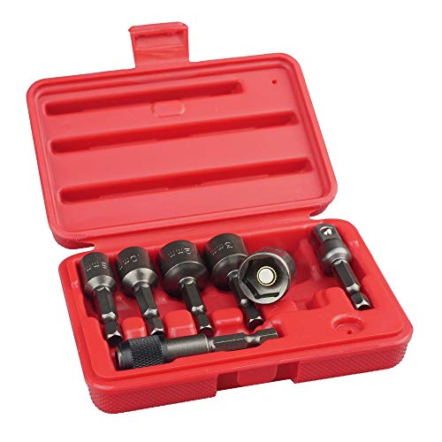 KAIFNT K452 Magnetic Power Nut Driver Bit Set with Socket Adapter and Extension, Quick-Change 1/4-Inch Hex Shank, Metric, 7-Piece