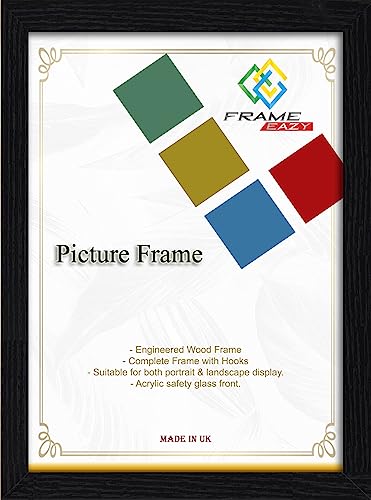 Frame Eazy Black 10x8 Inch Photo Frame - Flat Design 8" x 10" Picture Frame with Safe Perspex Front & Wall Hanging Hooks - Wooden Effect Frames
