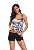 WODECASA Womens Striped Swimsuits Halter Tankini Layered Top and Boyshorts Bathing Suits