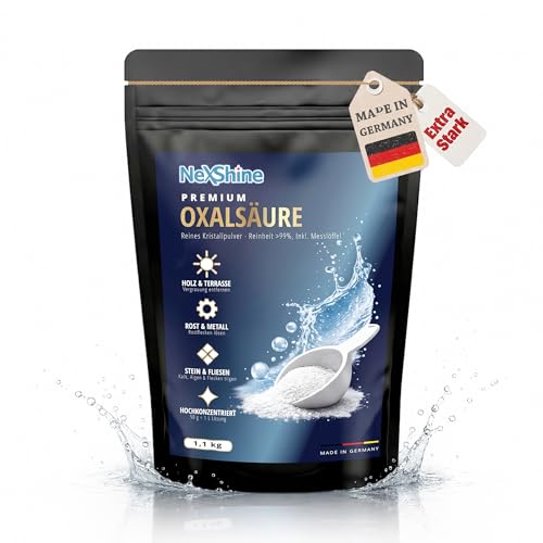 NEU: Oxalsäure Pulver 1.1 kg Reinheit >99% | inkl. Messlöffel | Optimaler Holzreiniger Rostentferner & Terrassenreiniger | Kristallines Pulver