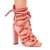 Liliana Women Chunky heel rope lace up high heel sandals Shaya-01 Lil Blush 9