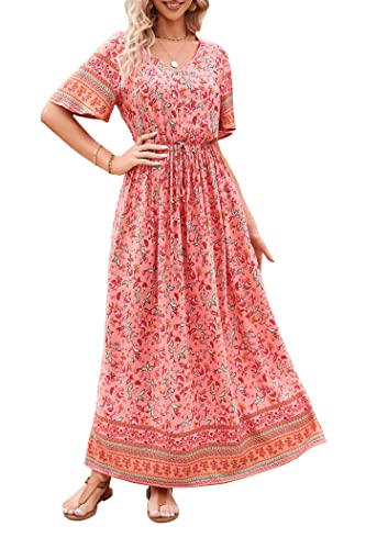 Image of PRETTYGARDEN Women's Casual Summer Boho Floral Print Dress V Neck Short Sleeve High Waist Long Maxi Beach Dresses