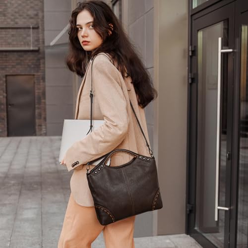 Image of HESHE Leather Purses for Women Crossbody Bags Satchel Shoulder Handbag | Genine Leather,Large Roomy Hobo Bags Retro Crossbody Purses Ladies Tote Top Handle Handbags for Work,Travel and Daily Use