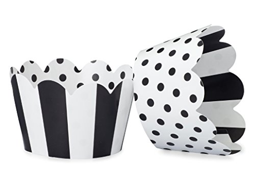 Black and White Cupcake Wrappers for Weddings, Graduations, Kids and Adult Birthday Parties, Baby Showers. Set of 24 Reversible Cup Cake Holder Wraps with Polka Dots and Stripes. Black, White