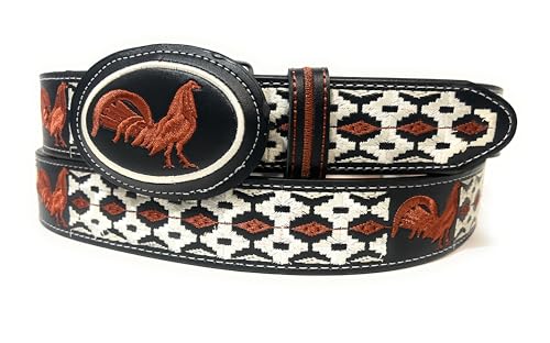 Men's Rooster Embroidered Black Western Leather Belt, Cinto Vaquero Bordado Con Gallo2