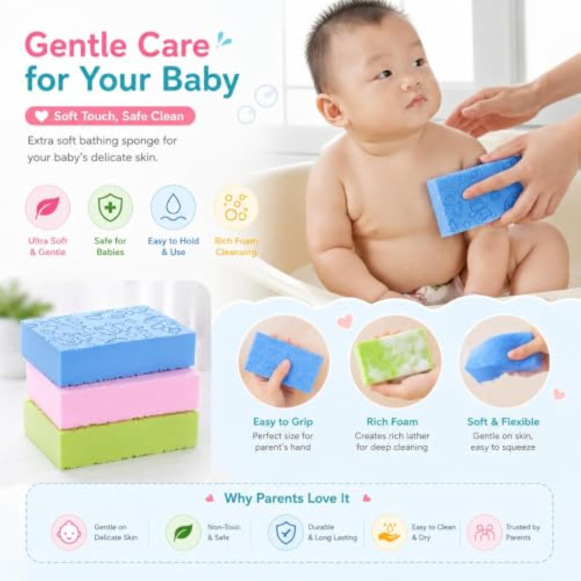 3pcs Ultra Soft Exfoliating Sponge Set for Kids and Adults