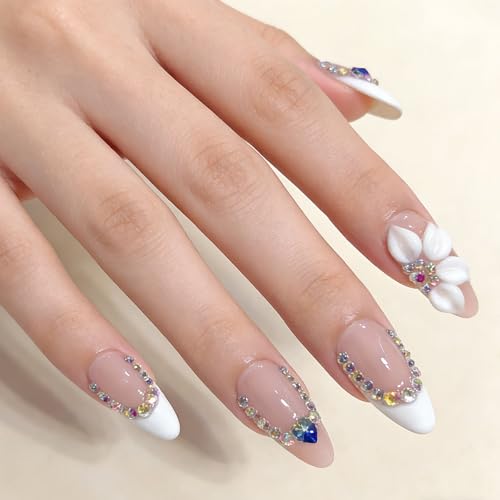 3D-Blumen & Strass sur ongles autoadhésifs en forme d'amande – ongles acryliques brillants de luxe à coller, 10 pièces (M)
