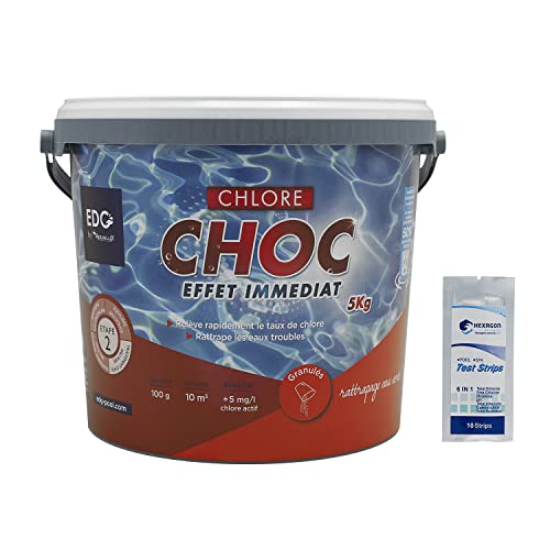 EDG by AQUALUX Chlore Choc Granulés - 5kg | Chlore Choc Stabilisé - Désinfection Choc - Dissolution Rapide + 10 Tests HPS OFFERTS 6 en 1
