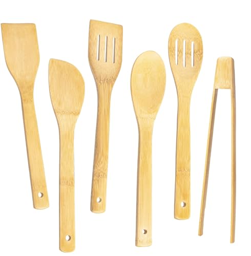 Ustensiles de Cuisine en Bois Set de Cuisine Anti Rayures en bambou Outil Accessoires Complet 30CM - 6 pcs Ensemble d'ustensiles Cuisine pour casseroles et poêles antiadhésives