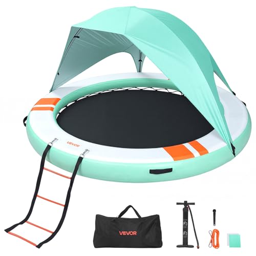VEVOR Colchoneta para Piscina, Diámetro de 2,44 m, Flotador Inflable Redondo, con Malla Escalera Desmontable Toldo Parasol Bolsa de Transporte, Hamaca Inflable Isla de Agua para Piscina Playa Lago