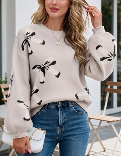 Image of Libsorge Womens Oversized Cute Bows Crewneck Pullover Sweater