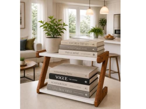 Image of Uteez 2 Tier Desktop Bookshelf Organizer for Study Table & Office Desk | Wooden Countertop Storage Rack for Books, Stationery & Decor | Space Saving Tabletop Shelf Organizer | White & Walnut Finish