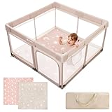Joypony Baby Laufstall 127 x 127 cm mit Matte, Laufgitter Baby mit atmungsaktivem 360° Netz, rutschfesten Saugnäpfen, stabiler Spielbereich für Babys und Kleinkinder, Indoor Playpen, Beige