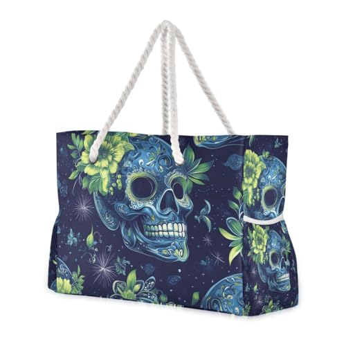 Green Skulls Boho Shining Bag With Zipper Waterproof Sandproof with side pockets Large Bags And Totes for Pool Gym Grocery Travel
