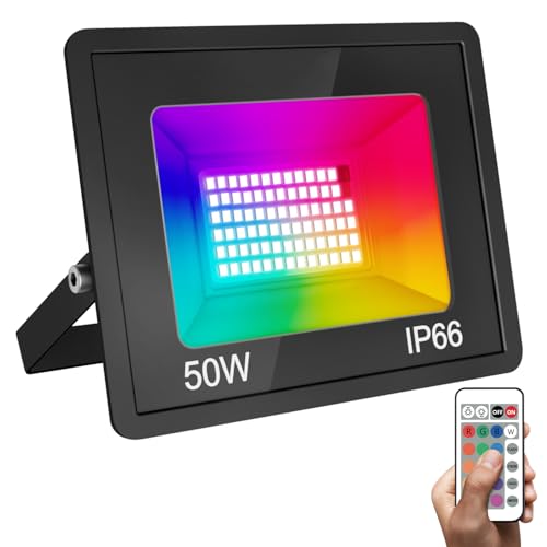 vighep RGB Led Strahler, 50W Superhell LED Fluter mit Fernbedienung, 4 Beleuchtungsmodus, IP66 Wasserdicht Scheinwerfer Aussenlampe für Garten Garage Hof Wand(ohne Sensor)