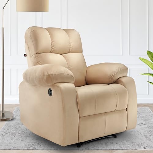 Image of Little NAP Helios Soft Suede Fabric Single Motorized Standard Recliner | Padded 1 Seater Aaram Sofa | Relaxing Chair for Home Office Living Bed Room | Beige