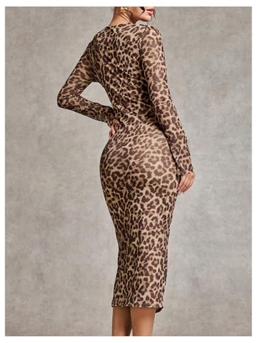 Image of GORGLITTER Women's Mesh Long Sleeve Bodycon Midi Dress Fall Cocktail Birthday Dinner Wedding Guest Going Out Dresses