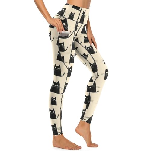 Pantalon de yoga avec poches et motif chat noir pour femme