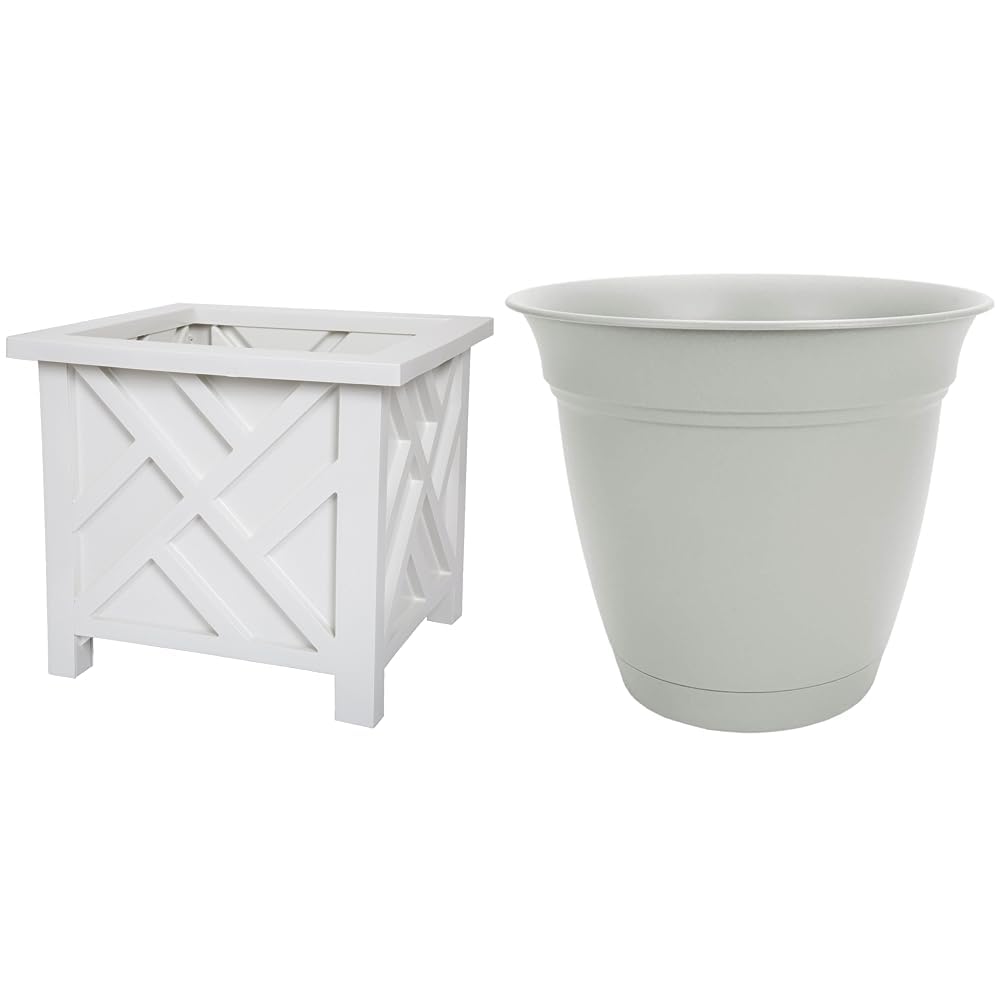 Pure Garden Lattice Design Planter Box – 14.75-Inch-Square Decorative Outdoor Flower or Plant Pot – Front Porch, Patio, and Garden Decor (White) & The HC Companies 12 Inch Eclipse Round Planter