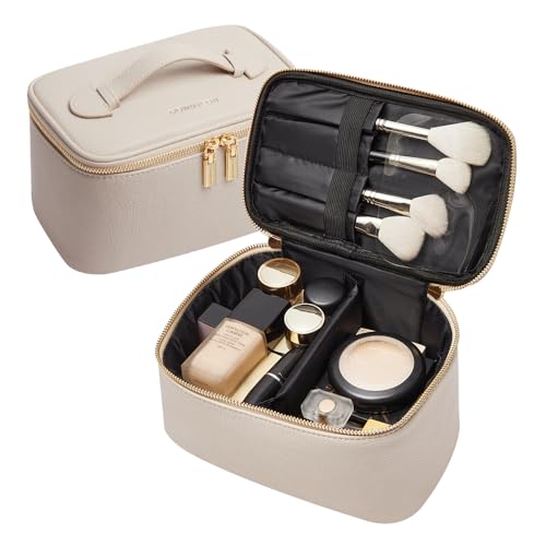 Cosmetic Bag,ROWNYEON Makeup Bag,Portable Makeup Train Case,Travel Toiletry Bag Case Organizer for Women,Beige