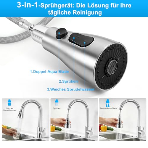 Llizuia Wasserhahn Küche, Hochdruck Küchenarmatur mit Herausziehbarer Brause, Mischbatterie Ausziehbar, Armatur Küchen Spültischarmatur mit 3 Sprühfunktionen, 360°Schwenkbar, Edelstahl