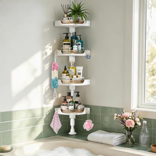 Image of akinbas 360 Rotating Shower Caddy Tension Pole with 4-Tier Rustproof Lazy Susan 35-128 Inch No Drilling Coner Shelves Adjustable Shower Rack for Bathroom Bathtub Washbasin Plant Storage (White+Gold)