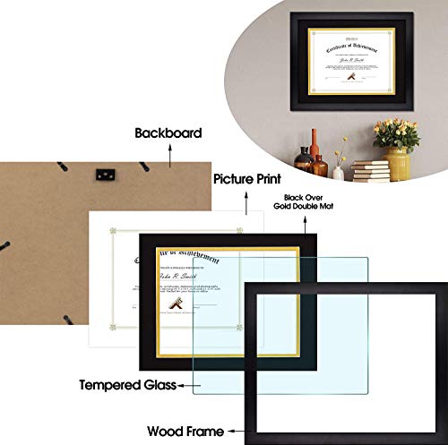 Golden State Art, 11X14 Diploma Frame For 8.5X11 Document & Certificates, Solid Wood, Real Glass (Black With Black/Gold Double Mat, 1 Pack) #TOP3