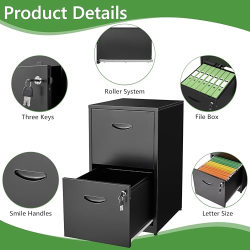 TIMELESS PIECES 2 Drawer File Cabinet with Lock,Black Small Filing Cabinet for Home Office, Metal Vertical File Under Desk Cabinets for A4/Letter,Assembly Required - Thumbnail 4
