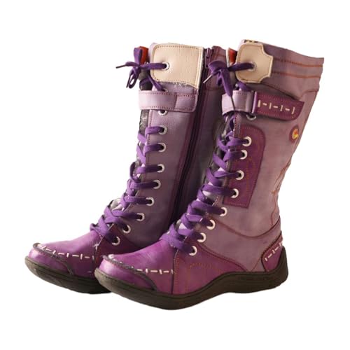 TMA EYES & MAiA Women's Retro Real Leather Mid-Calf Boots Featuring Color-Block Details(Purple,6)