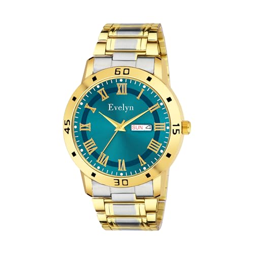 Image of Evelyn Men's Two-Tone Watch, Gold and Silver Stainless Steel Band, Turquoise Dial, Roman Numerals, Day-Date Display