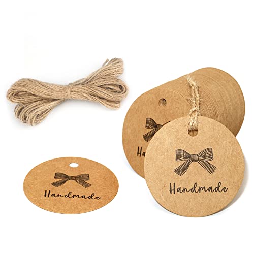 100PCS Handmade Kraft Paper Hang Tags - Round Craft Gift Tags with Natural Jute Twine - Perfect for Arts & Crafts DIY Gift Decorations